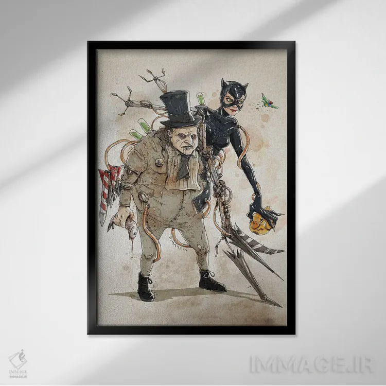 تابلو دکوراتیو دوپلوهای زنگ زده: زن گربه ای پنگوئن اثر نیکو دی متیا - نمای قابدار مشکی