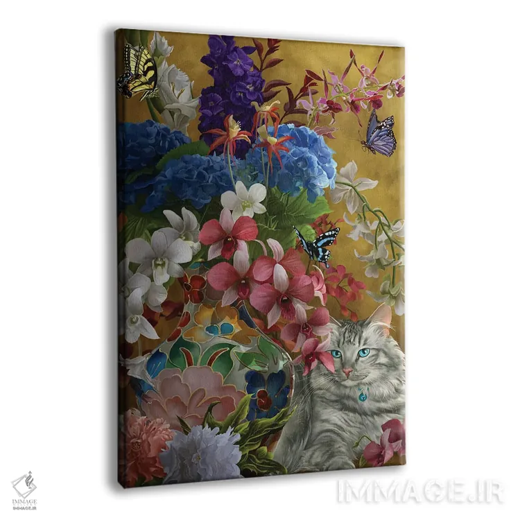 تابلو دکوراتیو گربه زرین و گل ها اثر نه نه توماس - نمای پرسپکتیو محصول