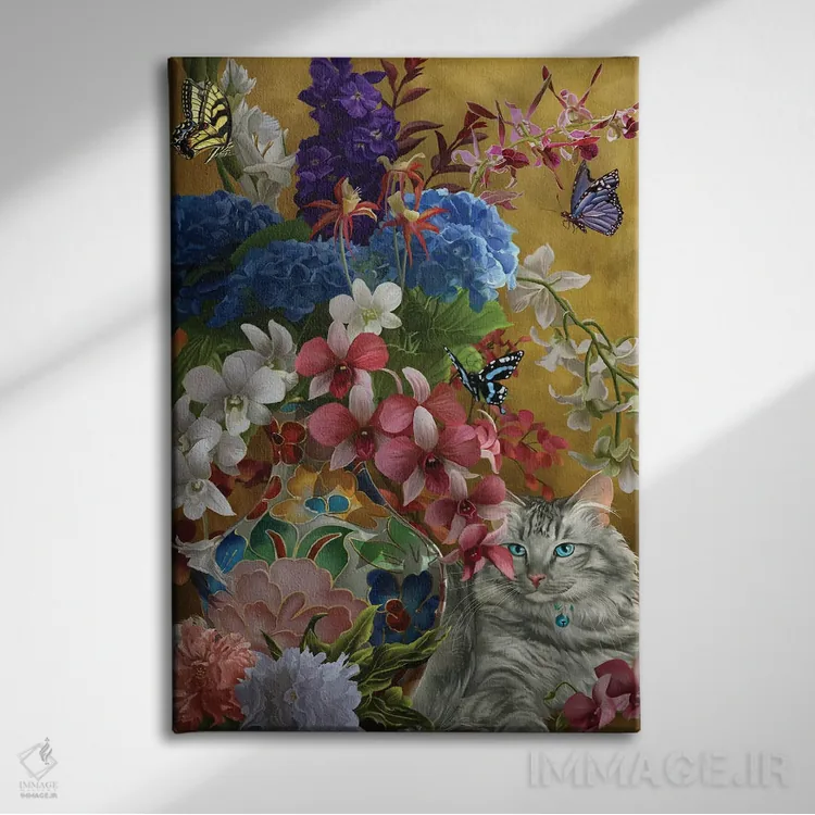 تابلو دکوراتیو گربه زرین و گل ها اثر نه نه توماس - نمای روبهرو روی دیوار