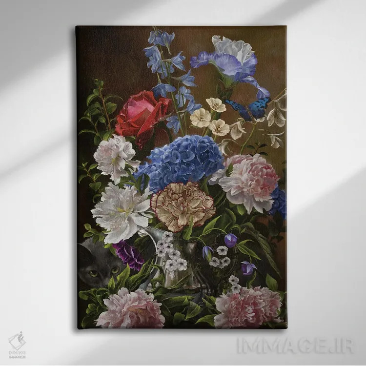 تابلو دکوراتیو دسته گل در آبی اثر نه نه توماس - نمای روبهرو روی دیوار