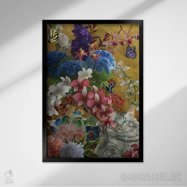 تابلو دکوراتیو گربه زرین و گل ها اثر نه نه توماس - نمای قابدار مشکی