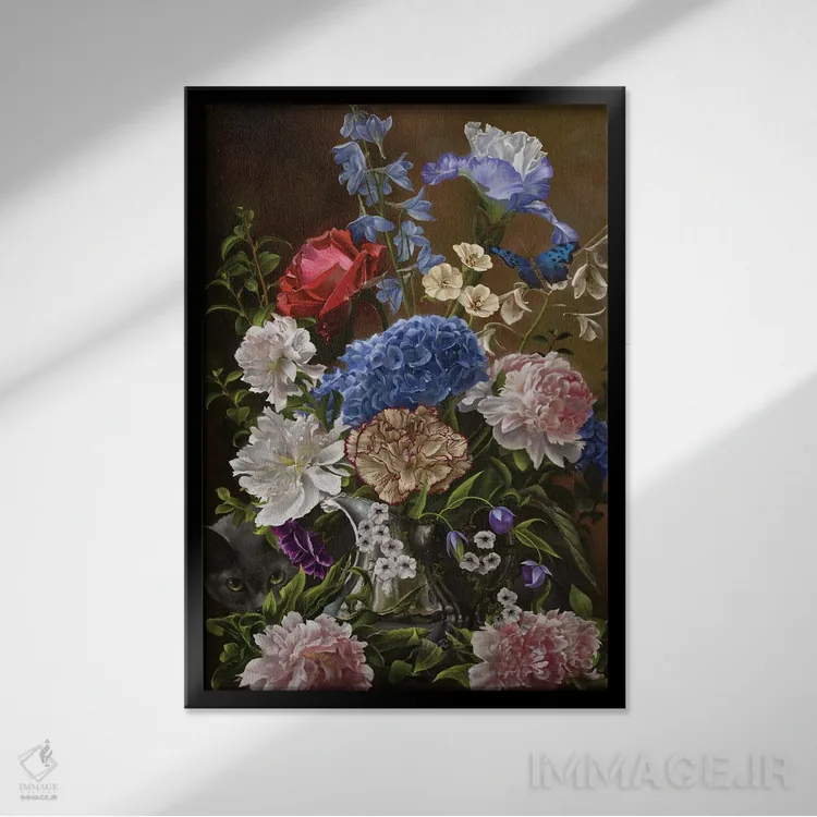 تابلو دکوراتیو دسته گل در آبی اثر نه نه توماس - نمای قابدار مشکی