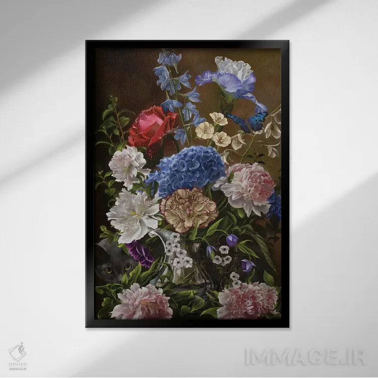 تابلو دکوراتیو دسته گل در آبی اثر نه نه توماس - نمای قابدار مشکی