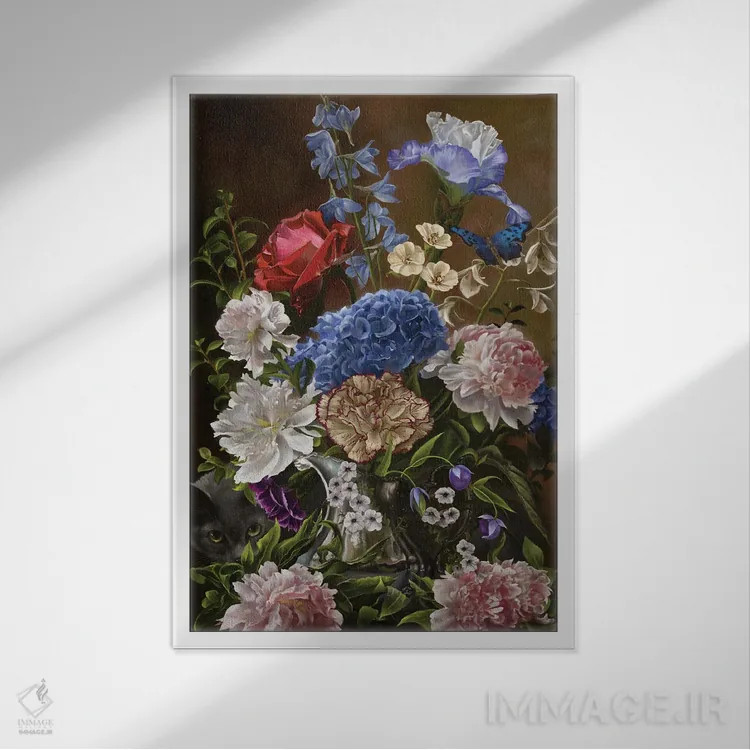 تابلو دکوراتیو دسته گل در آبی اثر نه نه توماس - نمای قابدار سفید