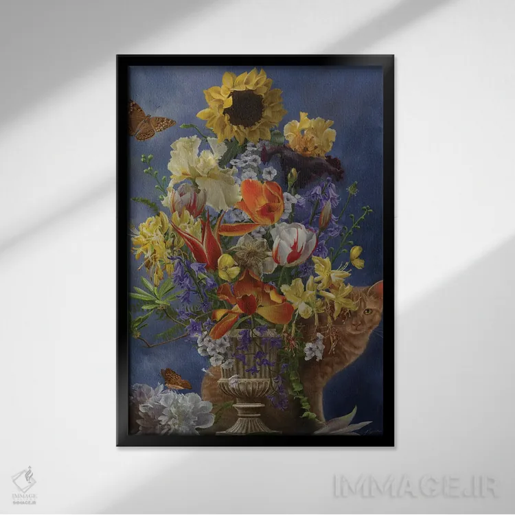 تابلو دکوراتیو طبیعت بی جان طلایی اثر نه نه توماس - نمای قابدار مشکی