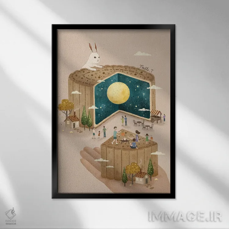 تابلو دکوراتیو جشن کیک ماه اثر نوئل. تی - نمای قابدار مشکی
