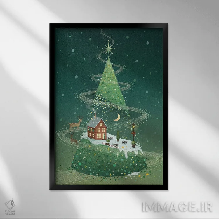تابلو دکوراتیو شب درخت کریسمس اثر نوئل. تی - نمای قابدار مشکی