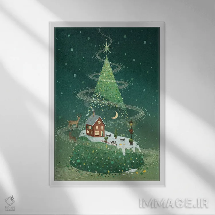 تابلو دکوراتیو شب درخت کریسمس اثر نوئل. تی - نمای قابدار سفید