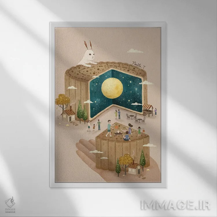 تابلو دکوراتیو جشن کیک ماه اثر نوئل. تی - نمای قابدار سفید