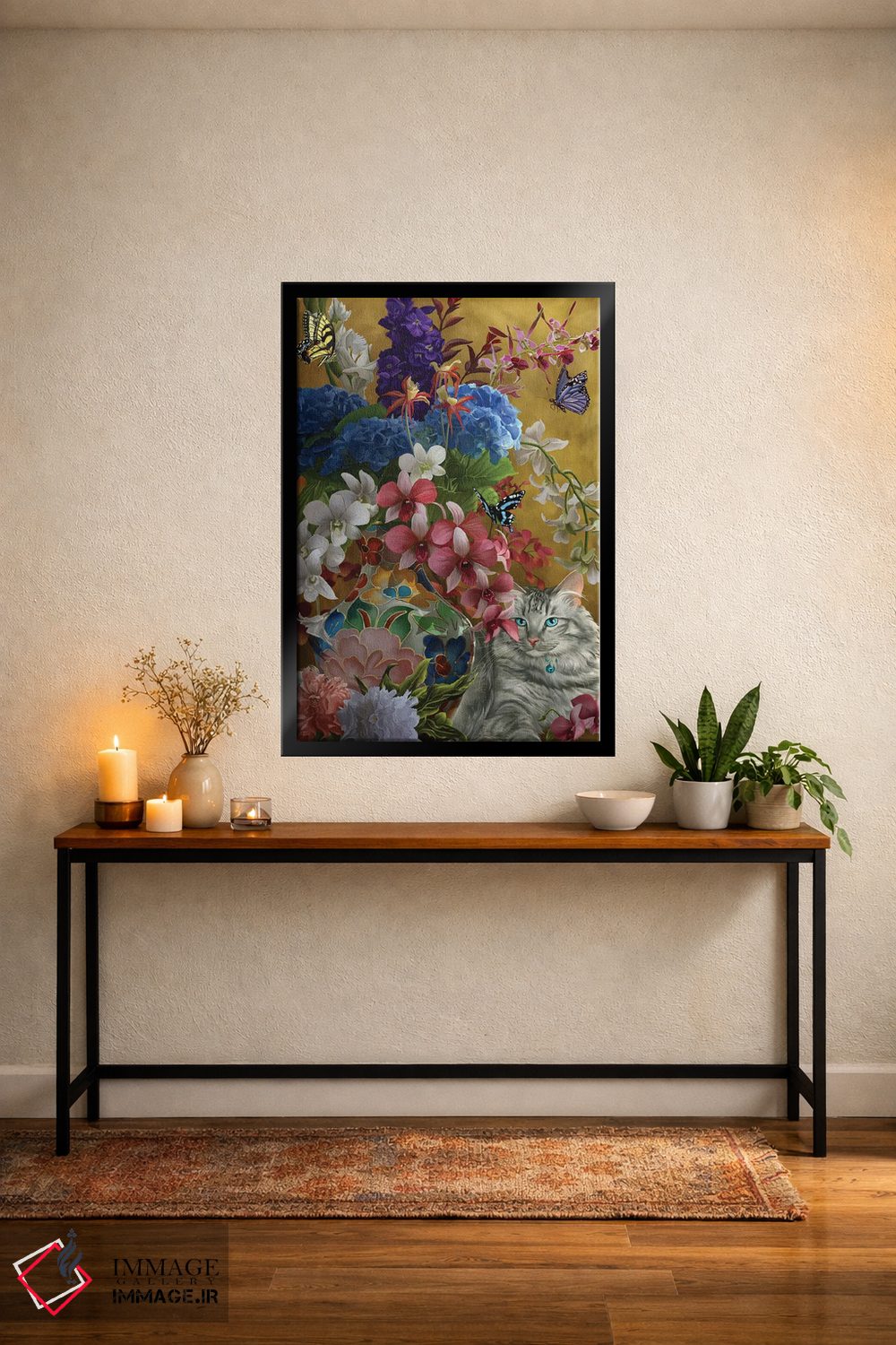 تابلو دکوراتیو گربه زرین و گل ها اثر نه نه توماس - D5B