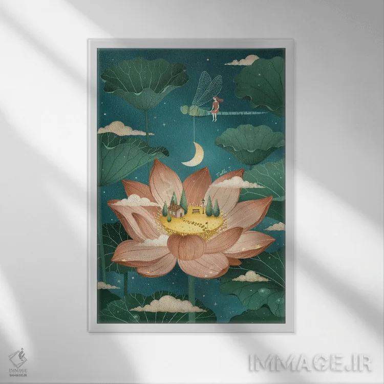 تابلو دکوراتیو افسانه نیلوفر آبی اثر نوئل. تی - نمای قابدار سفید