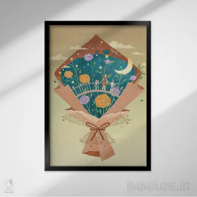 تابلو دکوراتیو دسته گل روز مادر اثر نوئل. تی - نمای قابدار مشکی