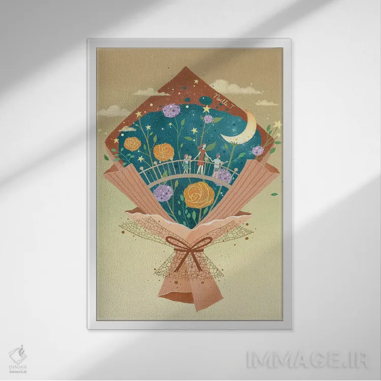 تابلو دکوراتیو دسته گل روز مادر اثر نوئل. تی - نمای قابدار سفید