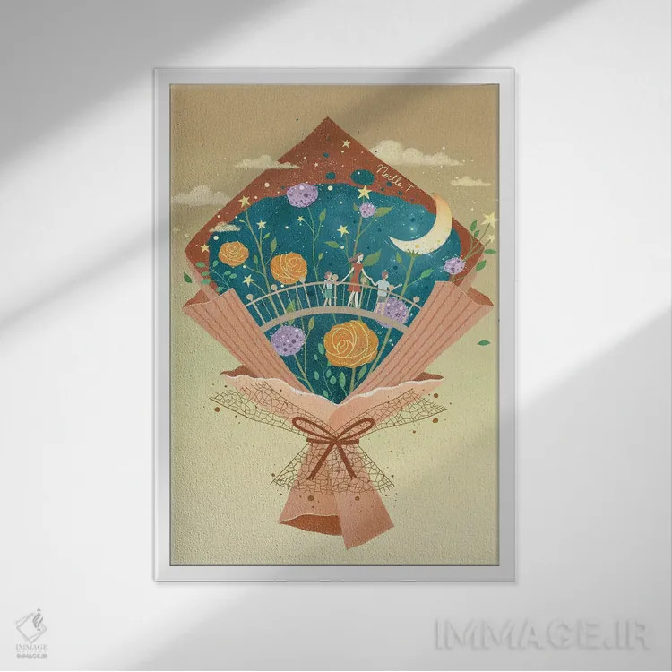 تابلو دکوراتیو دسته گل روز مادر اثر نوئل. تی - نمای قابدار سفید