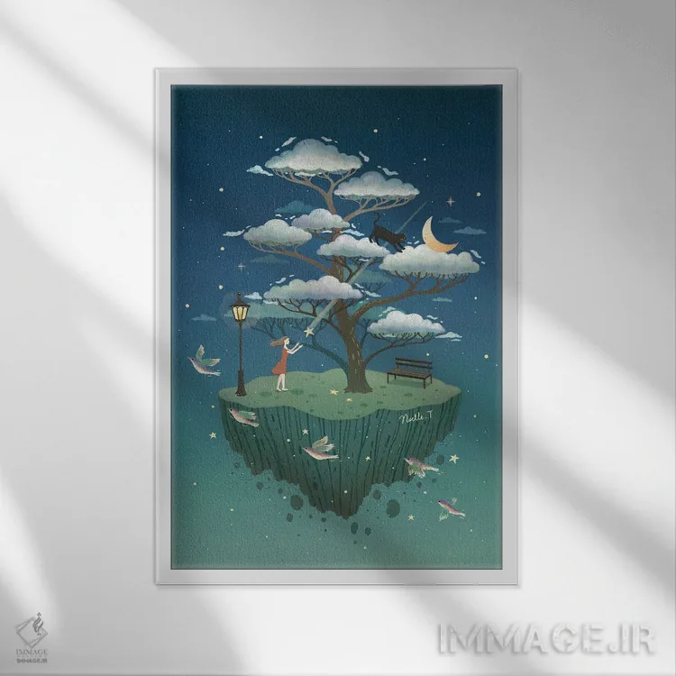 تابلو دکوراتیو درخت ابرها اثر نوئل. تی - نمای قابدار سفید