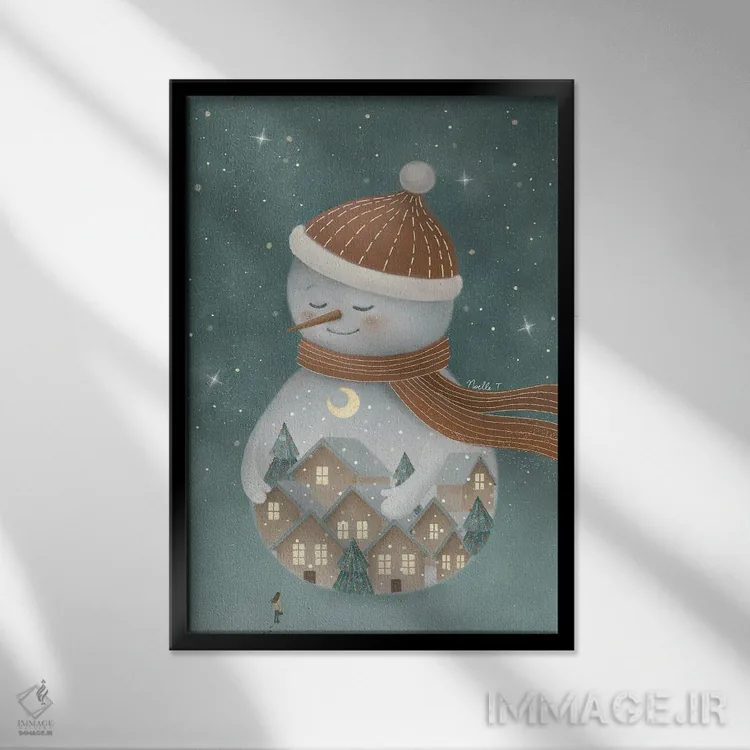 تابلو دکوراتیو آدم برفی کریسمس اثر نوئل. تی - نمای قابدار مشکی