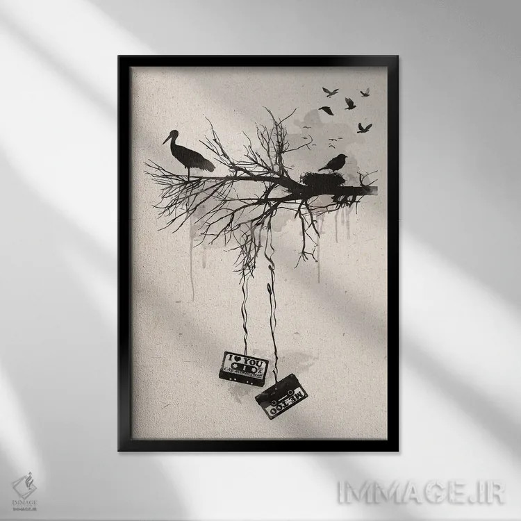 تابلو مدرن پرندگان و نوارها اثر ۲ توست دیزاین - نمای قابدار مشکی