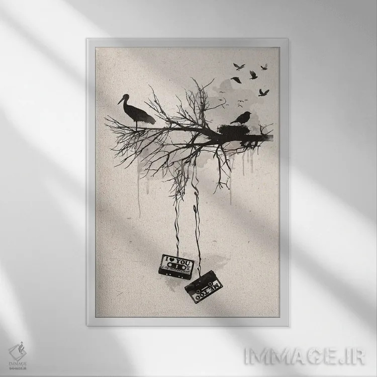 تابلو مدرن پرندگان و نوارها اثر ۲ توست دیزاین - نمای قابدار سفید