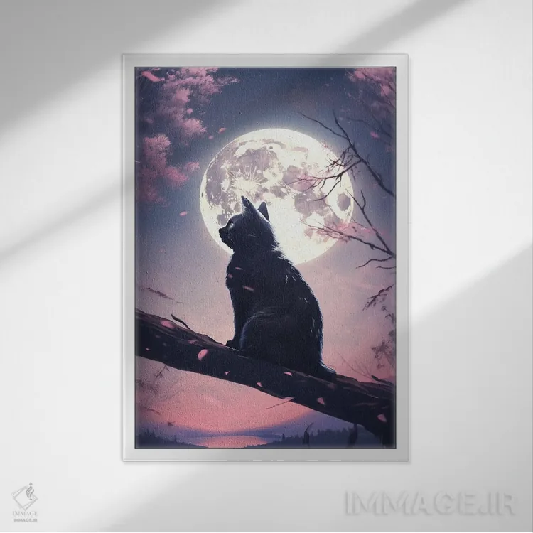 تابلو دکوراتیو ماه گربه ای اثر ۲ توست دیزاین - نمای قابدار سفید