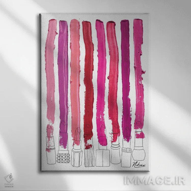 تابلو دکوراتیو خطوط رژگونه ای گلدار صورتی-قرمز اثر نوتسنیو آرت - نمای روبهرو روی دیوار
