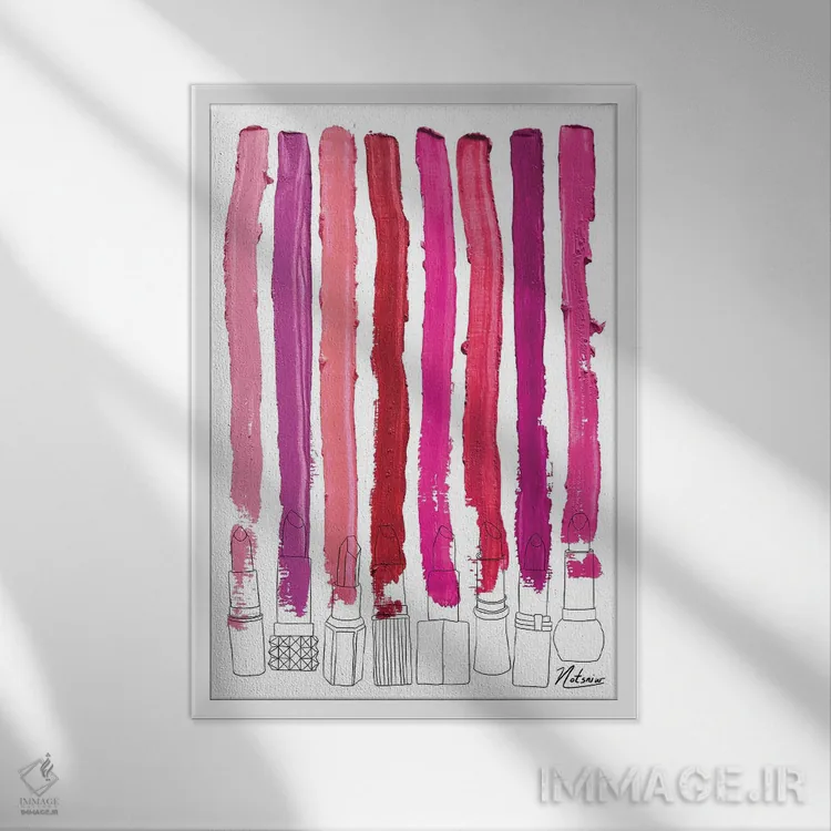 تابلو دکوراتیو خطوط رژگونه ای گلدار صورتی-قرمز اثر نوتسنیو آرت - نمای قابدار سفید