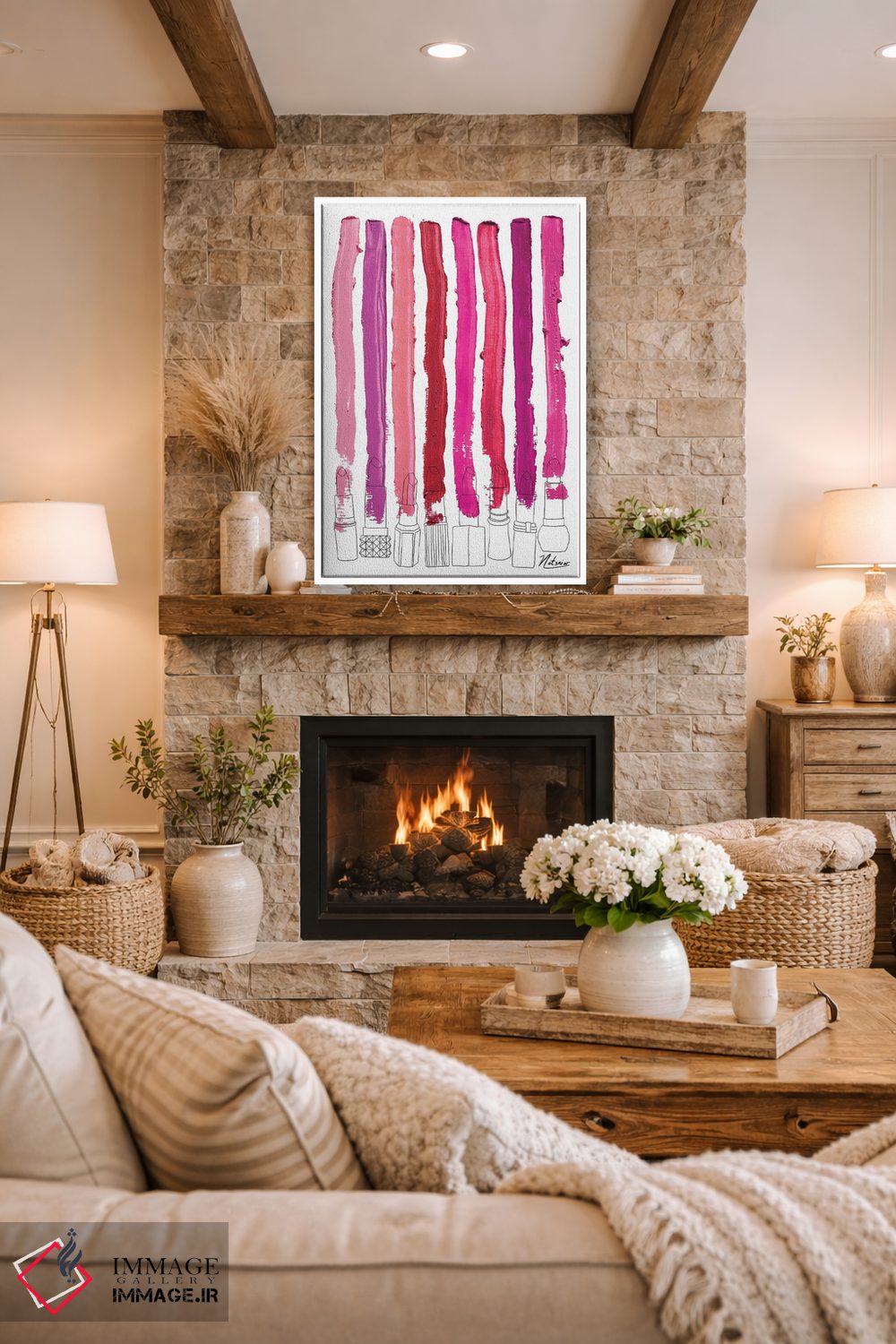 تابلو دکوراتیو خطوط رژگونه ای گلدار صورتی-قرمز اثر نوتسنیو آرت - D1W