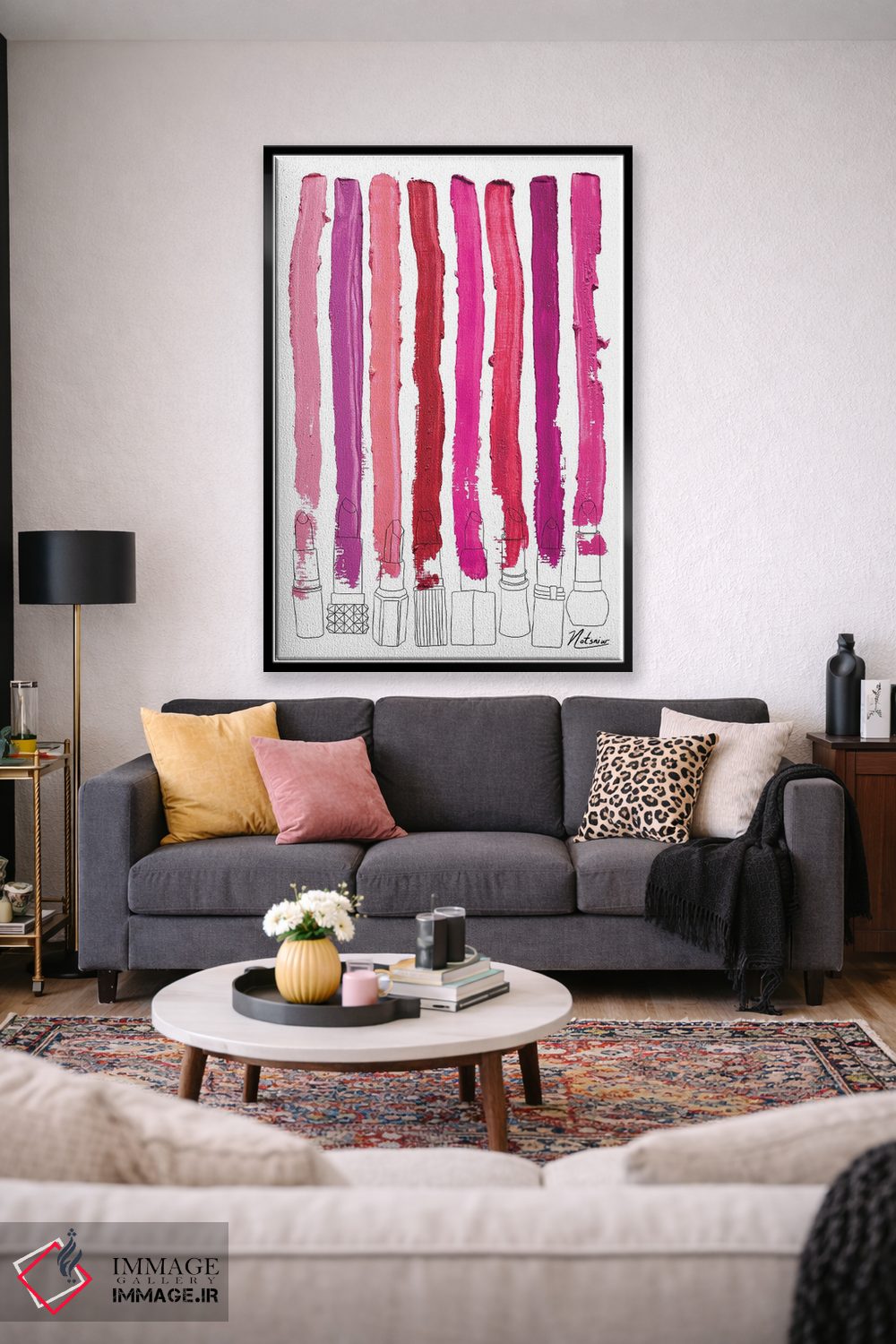 تابلو دکوراتیو خطوط رژگونه ای گلدار صورتی-قرمز اثر نوتسنیو آرت - D2B