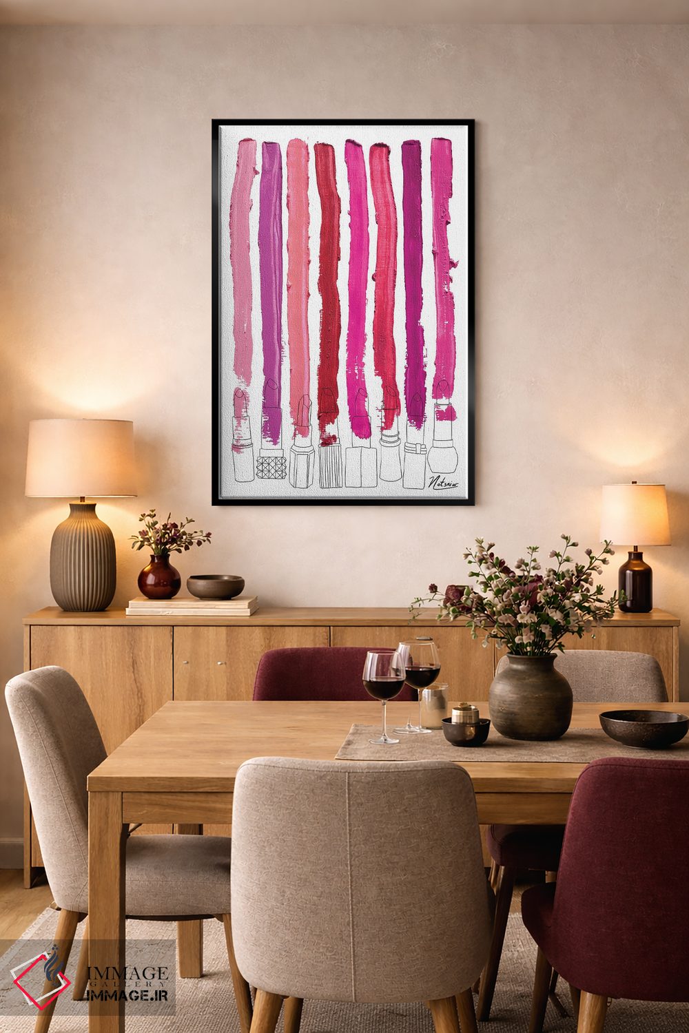 تابلو دکوراتیو خطوط رژگونه ای گلدار صورتی-قرمز اثر نوتسنیو آرت - D5B