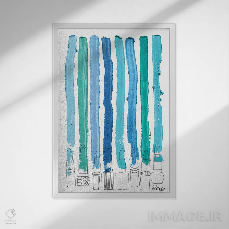 تابلو مینیمال خطوط رژگونه ای آبی و فیروزه ای اثر نوتسنیو آرت - نمای قابدار سفید