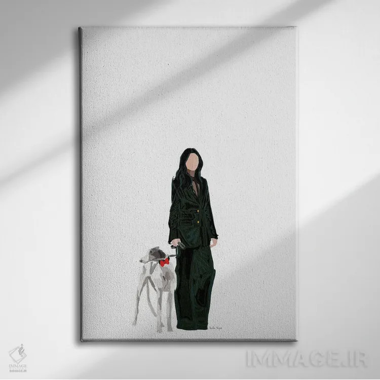 تابلو مینیمال دختر مد و سگ اثر آملیا نویز - نمای روبهرو روی دیوار