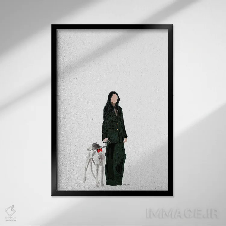 تابلو مینیمال دختر مد و سگ اثر آملیا نویز - نمای قابدار مشکی