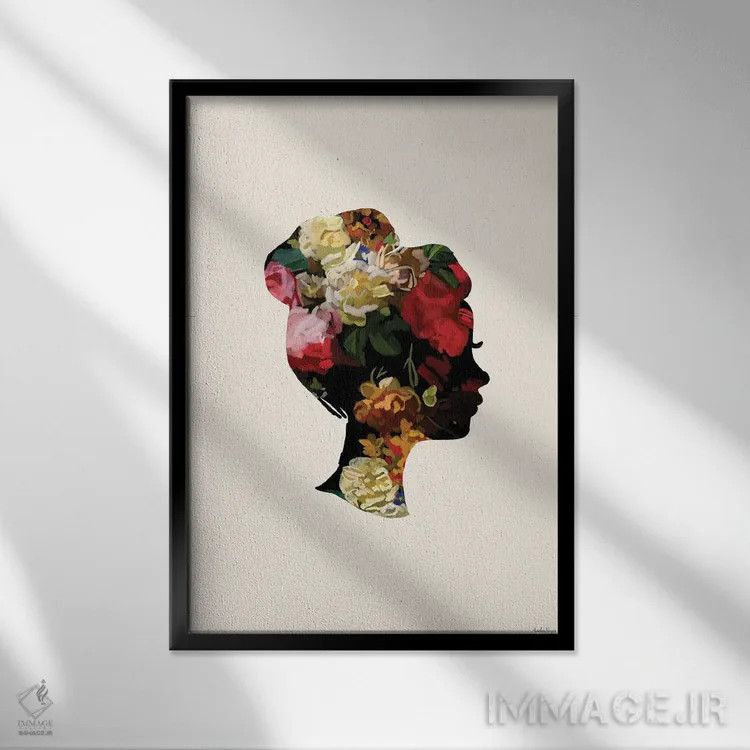 تابلو مینیمال سر با گل I اثر آملیا نویز - نمای قابدار مشکی