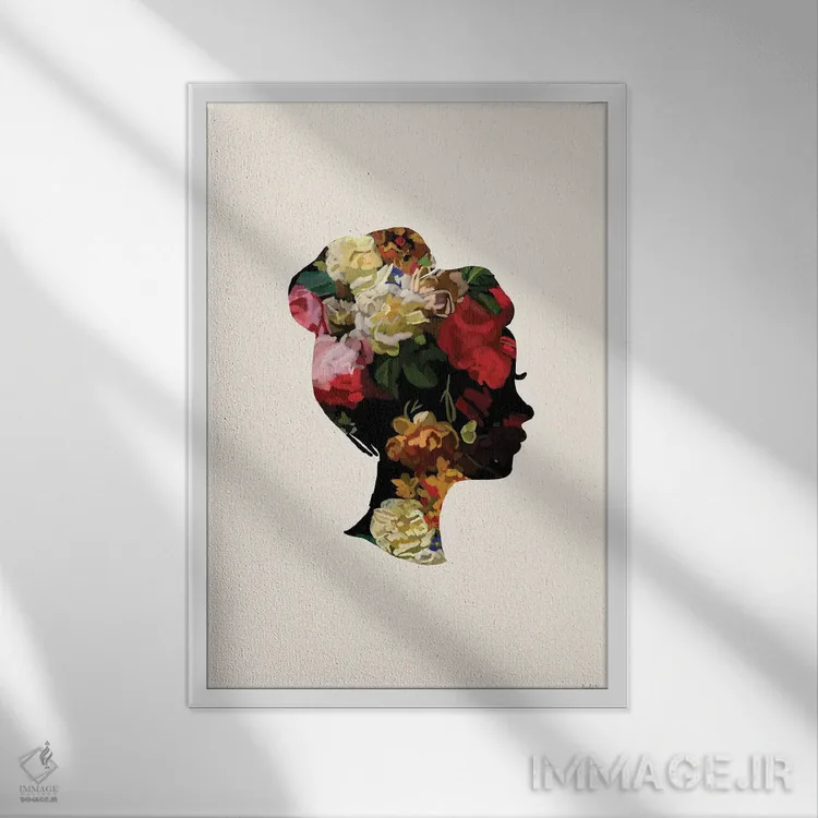 تابلو مینیمال سر با گل I اثر آملیا نویز - نمای قابدار سفید