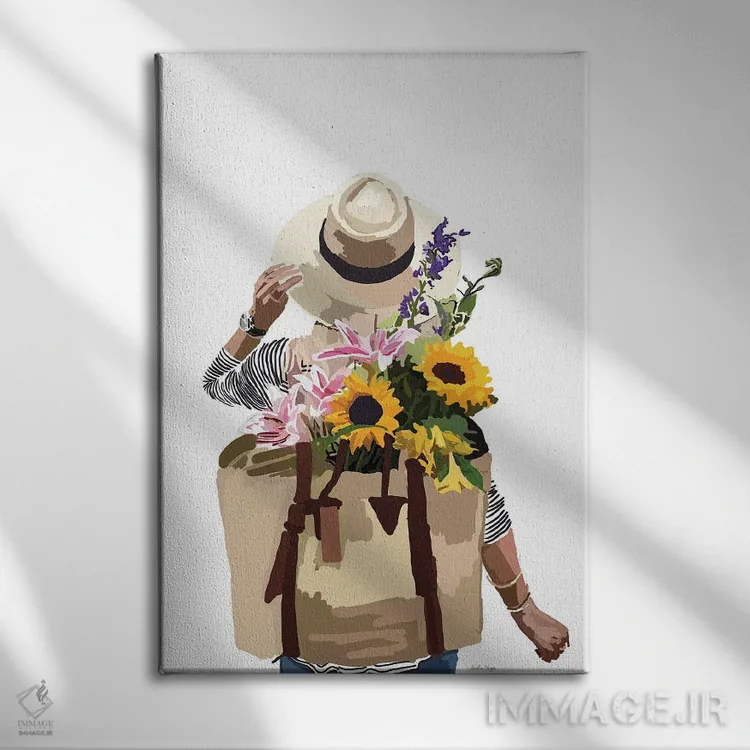 تابلو مینیمال کوله پشتی گلدار اثر آملیا نویز - نمای روبهرو روی دیوار