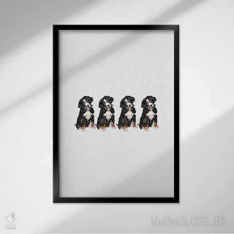 تابلو مینیمال سگ چهارتایی اثر آملیا نویز - نمای قابدار مشکی