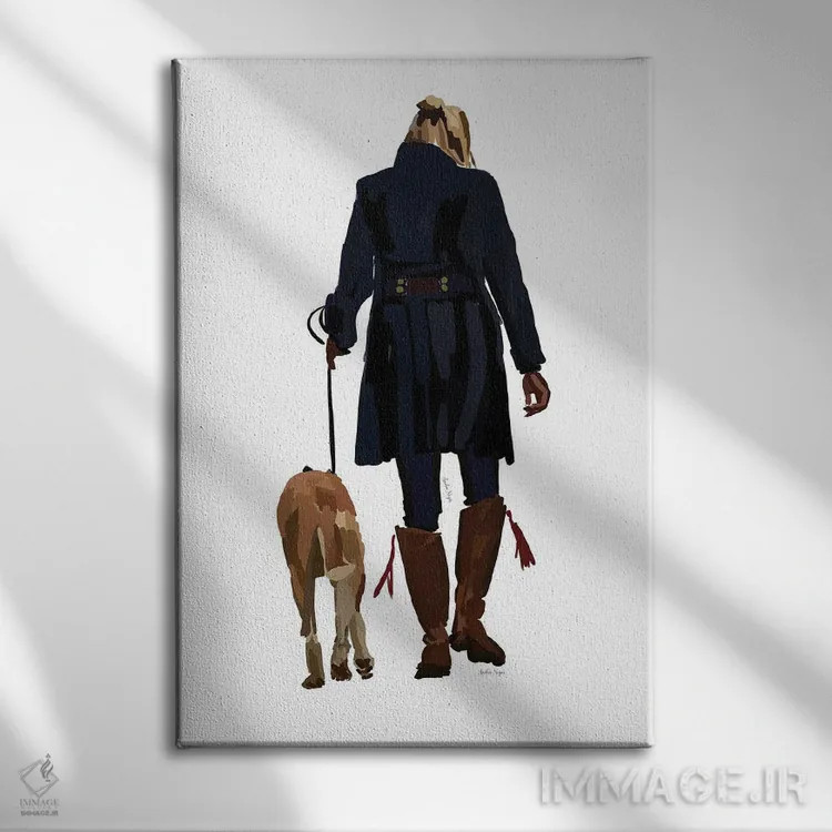تابلو مینیمال دختر در حال پیاده روی با سگ اثر آملیا نویز - نمای روبهرو روی دیوار