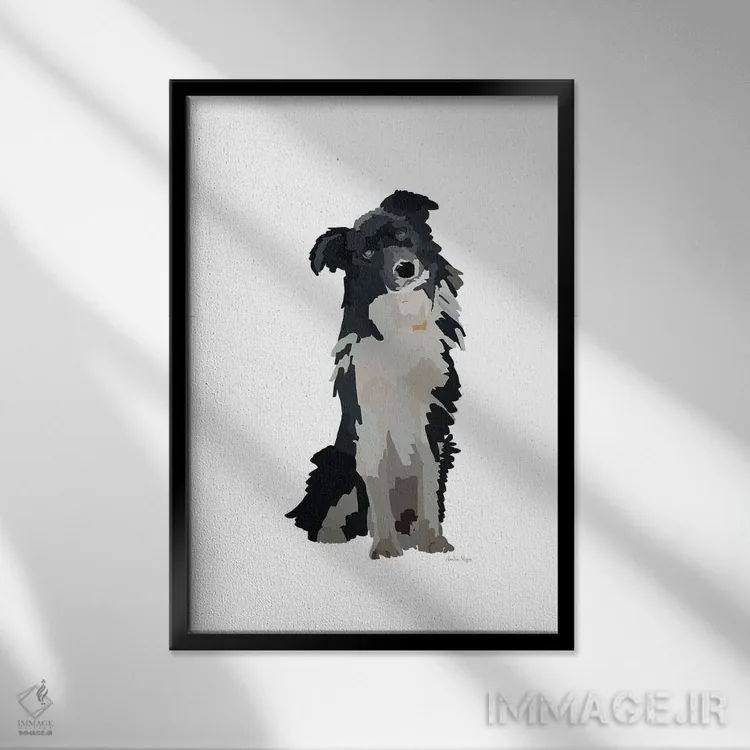تابلو مینیمال توله سگ سیاه و سفید اثر آملیا نویز - نمای قابدار مشکی