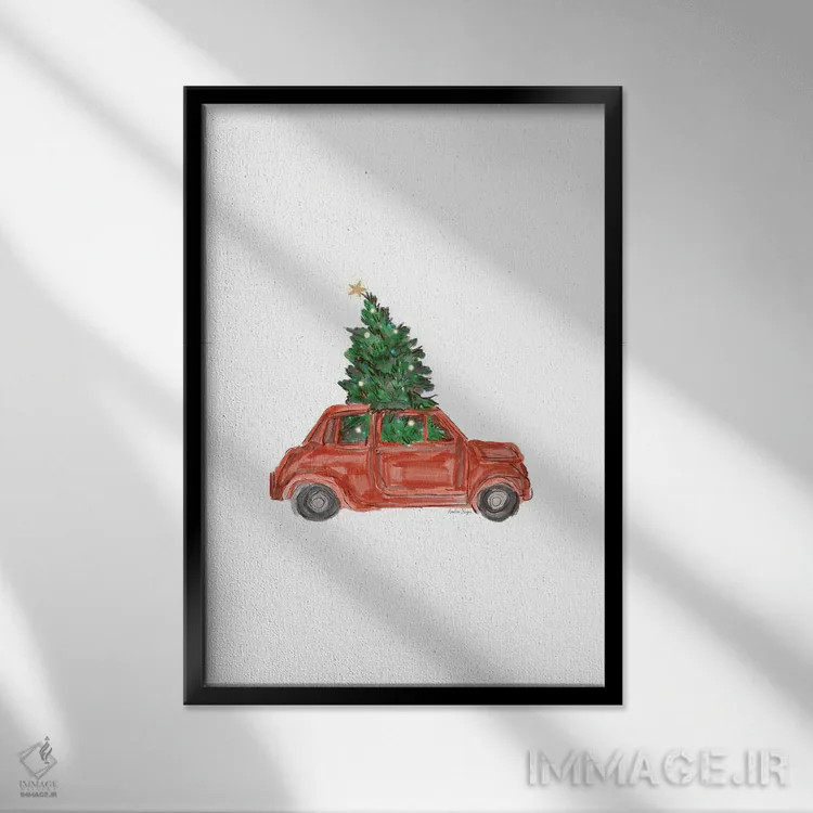 تابلو مینیمال ماشین و درخت کریسمس اثر آملیا نویز - نمای قابدار مشکی