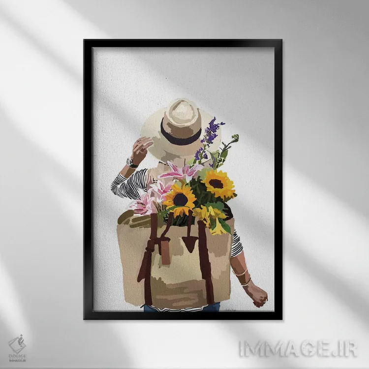 تابلو مینیمال کوله پشتی گلدار اثر آملیا نویز - نمای قابدار مشکی