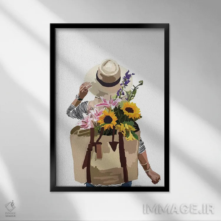 تابلو مینیمال کوله پشتی گلدار اثر آملیا نویز - نمای قابدار مشکی