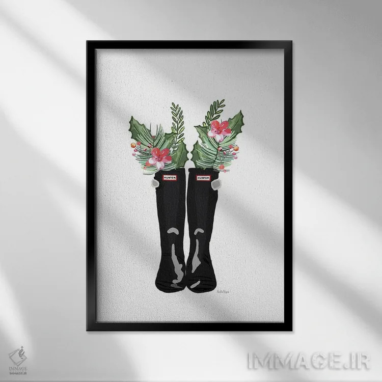 تابلو مینیمال چکمه های کریسمس اثر آملیا نویز - نمای قابدار مشکی