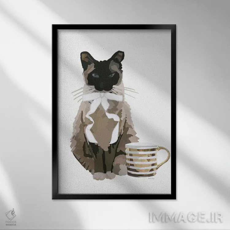 تابلو مینیمال گربه و قهوه اثر آملیا نویز - نمای قابدار مشکی