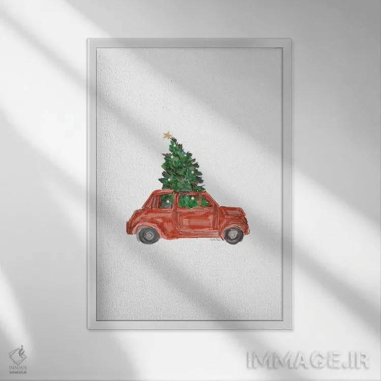 تابلو مینیمال ماشین و درخت کریسمس اثر آملیا نویز - نمای قابدار سفید