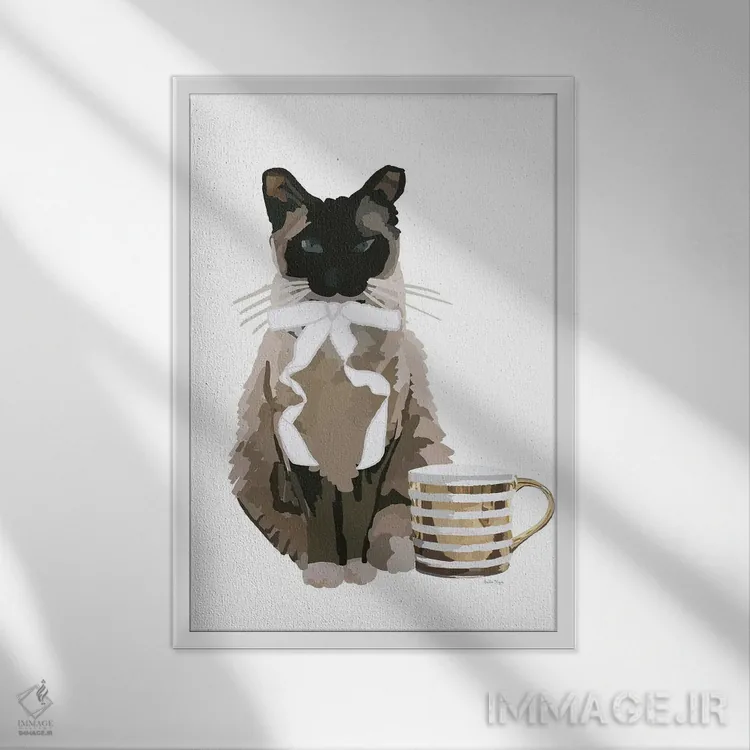 تابلو مینیمال گربه و قهوه اثر آملیا نویز - نمای قابدار سفید