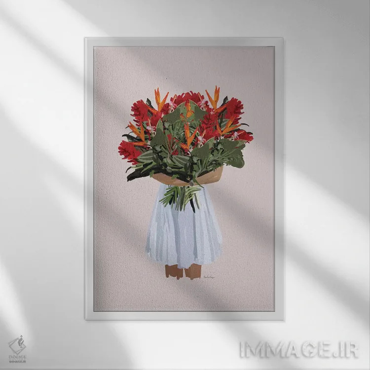 تابلو مینیمال دختر گل های استوایی اثر آملیا نویز - نمای قابدار سفید