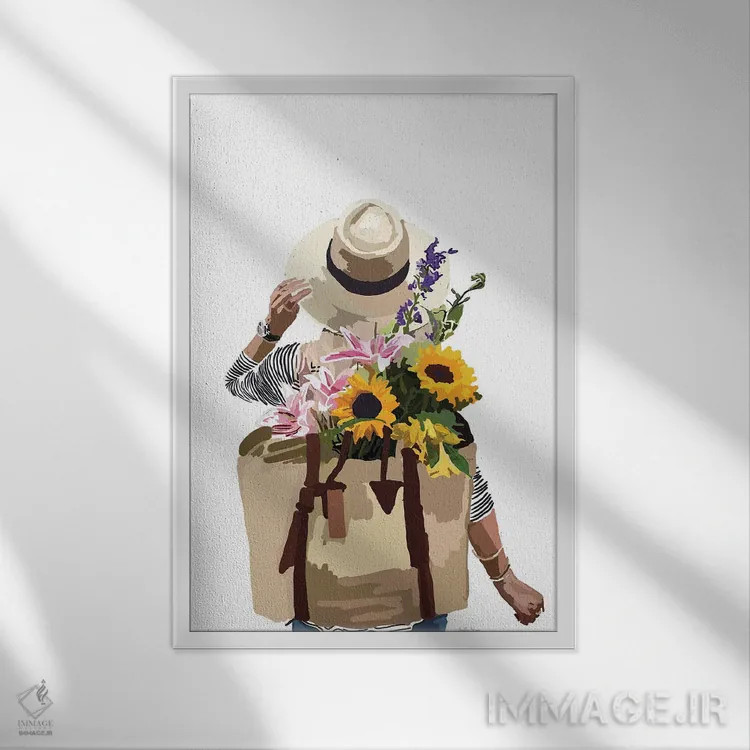 تابلو مینیمال کوله پشتی گلدار اثر آملیا نویز - نمای قابدار سفید