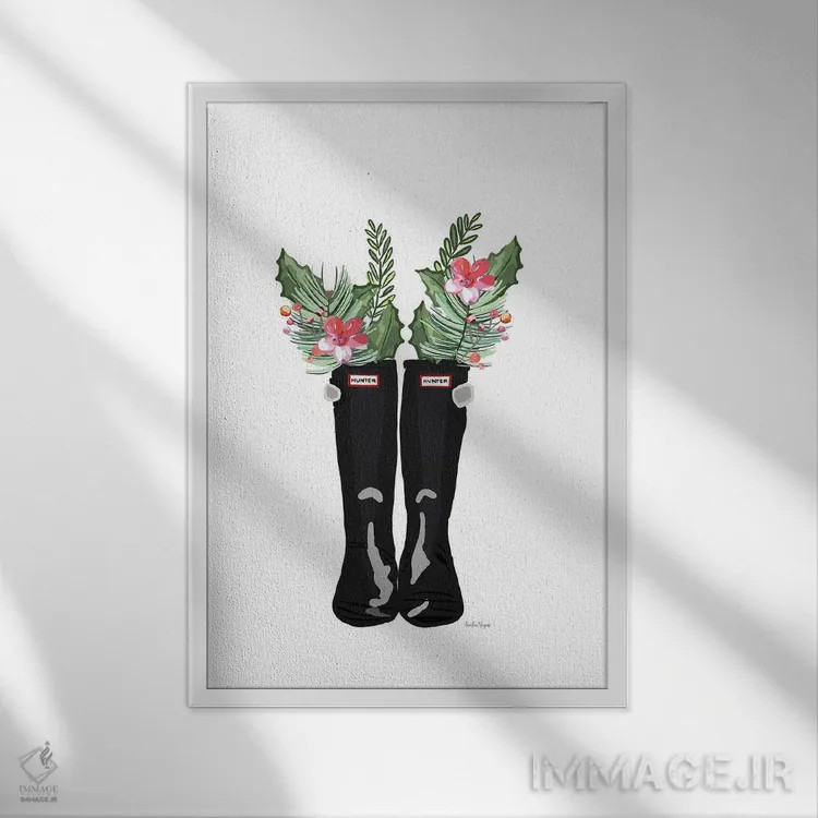 تابلو مینیمال چکمه های کریسمس اثر آملیا نویز - نمای قابدار سفید