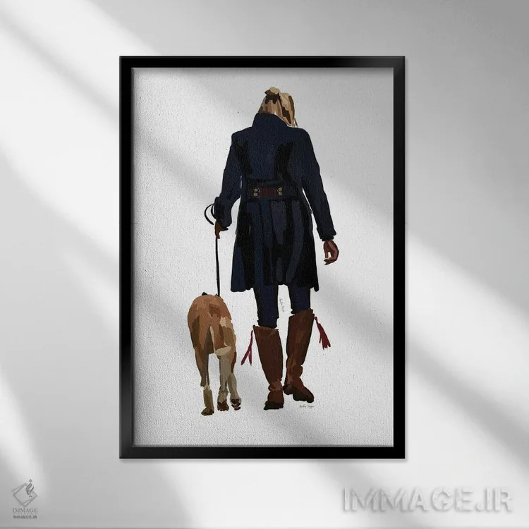 تابلو مینیمال دختر در حال پیاده روی با سگ اثر آملیا نویز - نمای قابدار مشکی