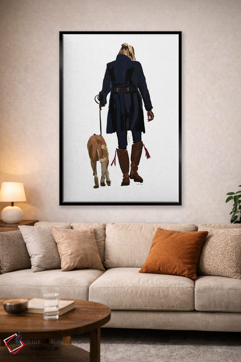 تابلو مینیمال دختر در حال پیاده روی با سگ اثر آملیا نویز - D1B
