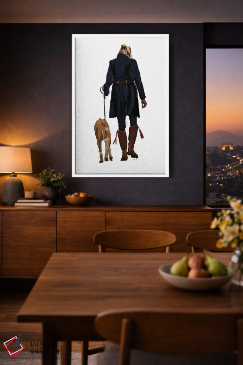 تابلو مینیمال دختر در حال پیاده روی با سگ اثر آملیا نویز - D2W